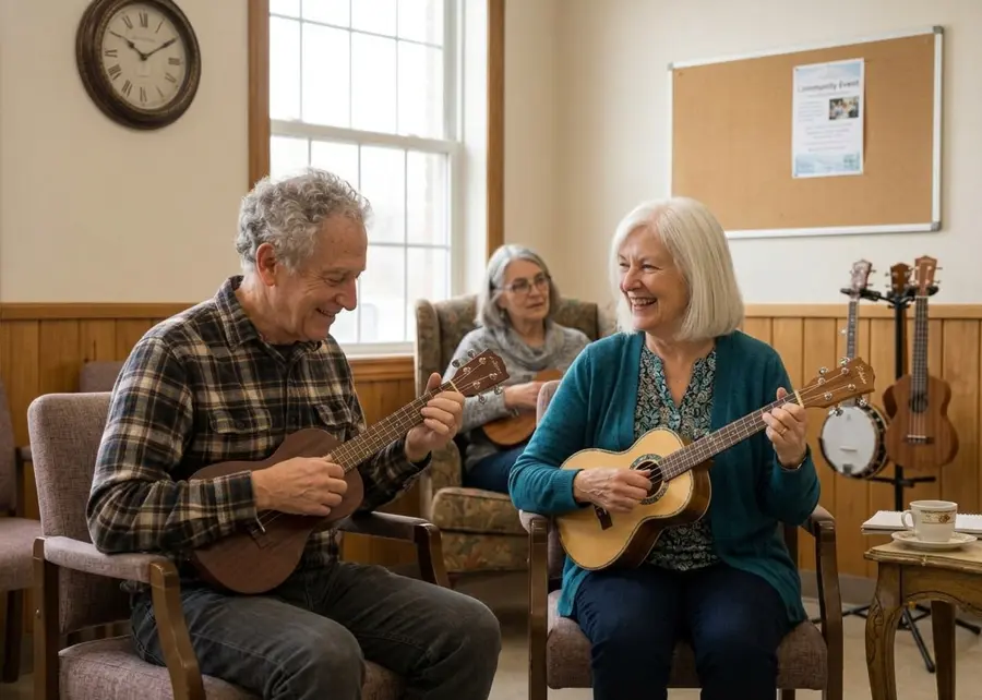 Two older adults laughing as they play ukuleles together in a community lounge.